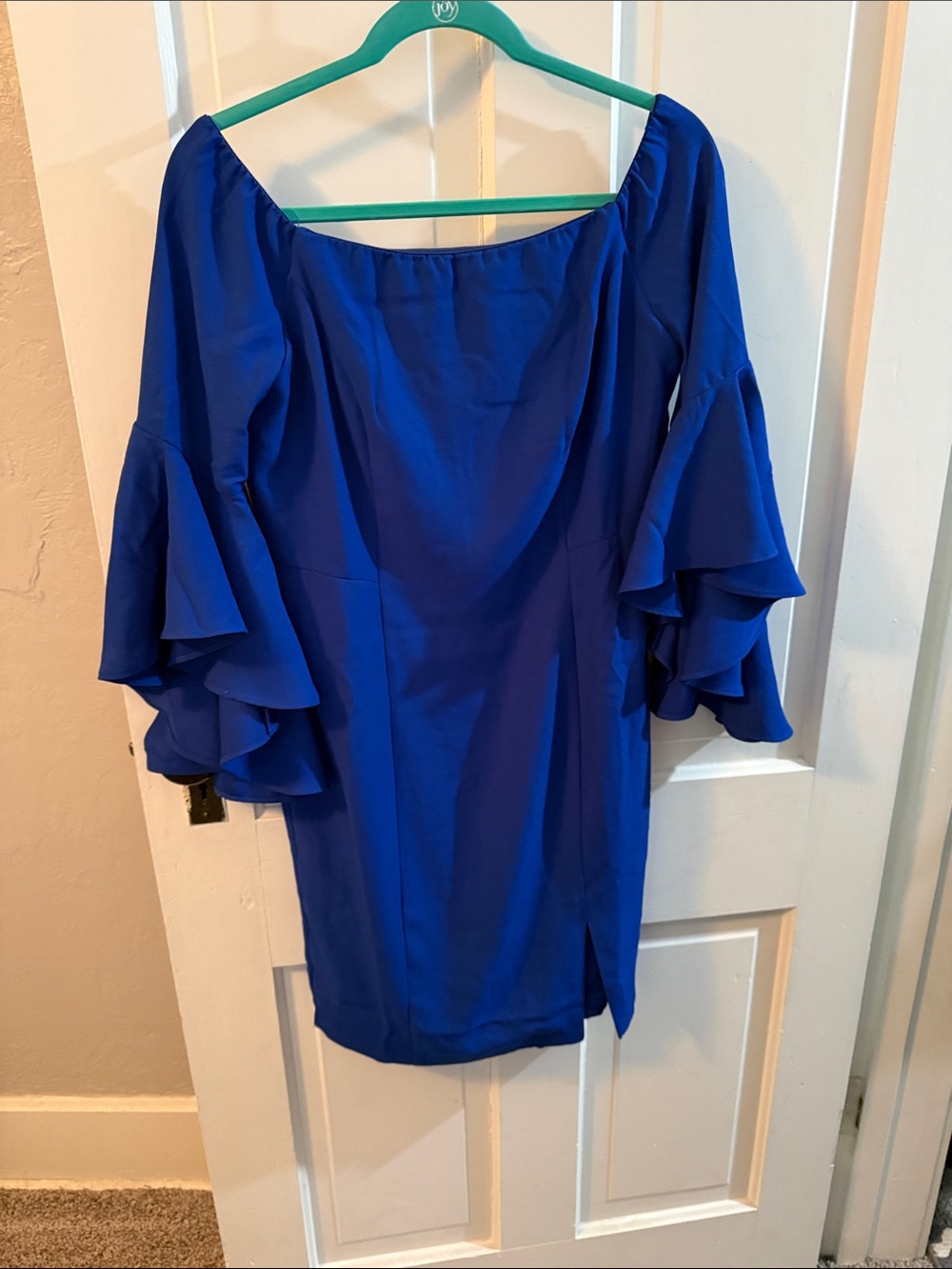VENUS Royal Blue Off-Shoulder Ruffle Sleeve Dress